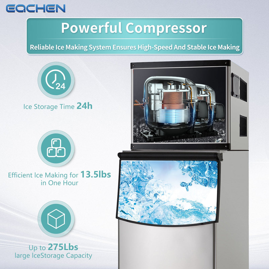 EQCHEN 350 lbs Commercial Ice Maker Machine with 230 lbs Storage Capacity