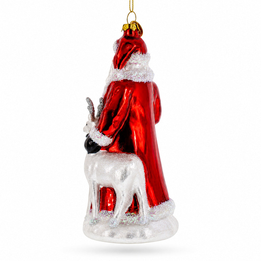 Santa with White Reindeer Glass Christmas Ornament